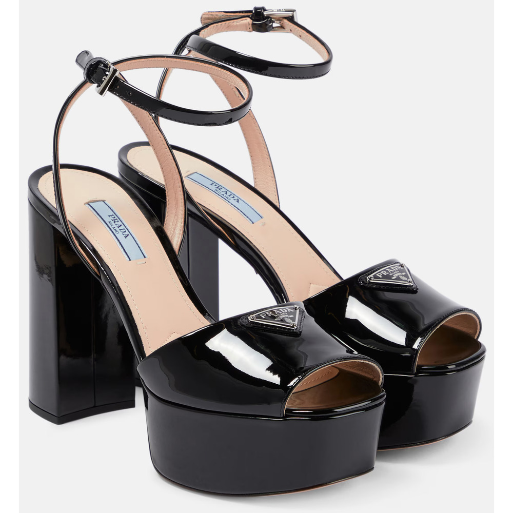 Prada 115mm Black Patent Leather Platform Sandal Ankle Strap Block Heel Pump 39